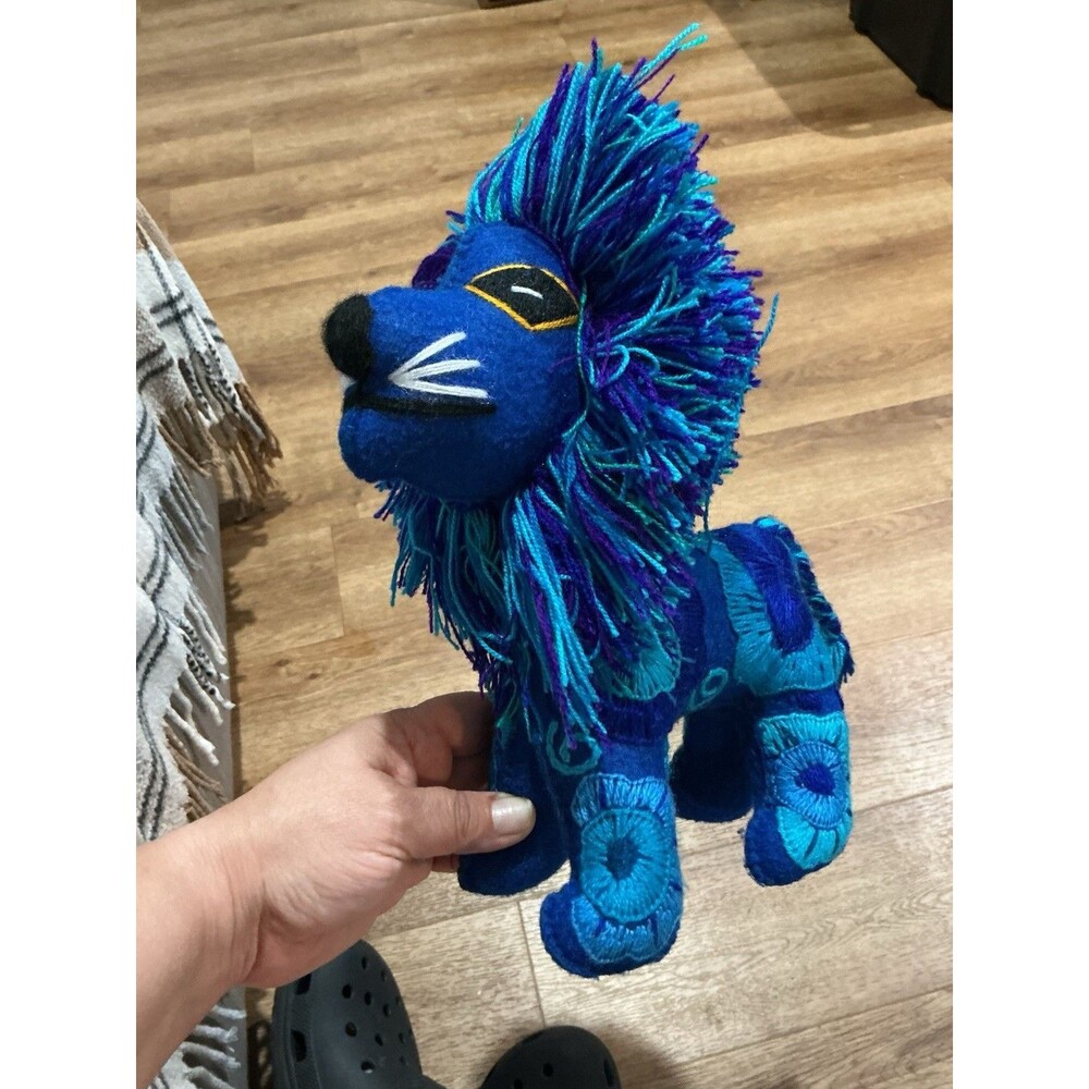 Blue Turquoise Embroidered Lion Plush Folk Art Yarn Mane Stuffed Animal Decor